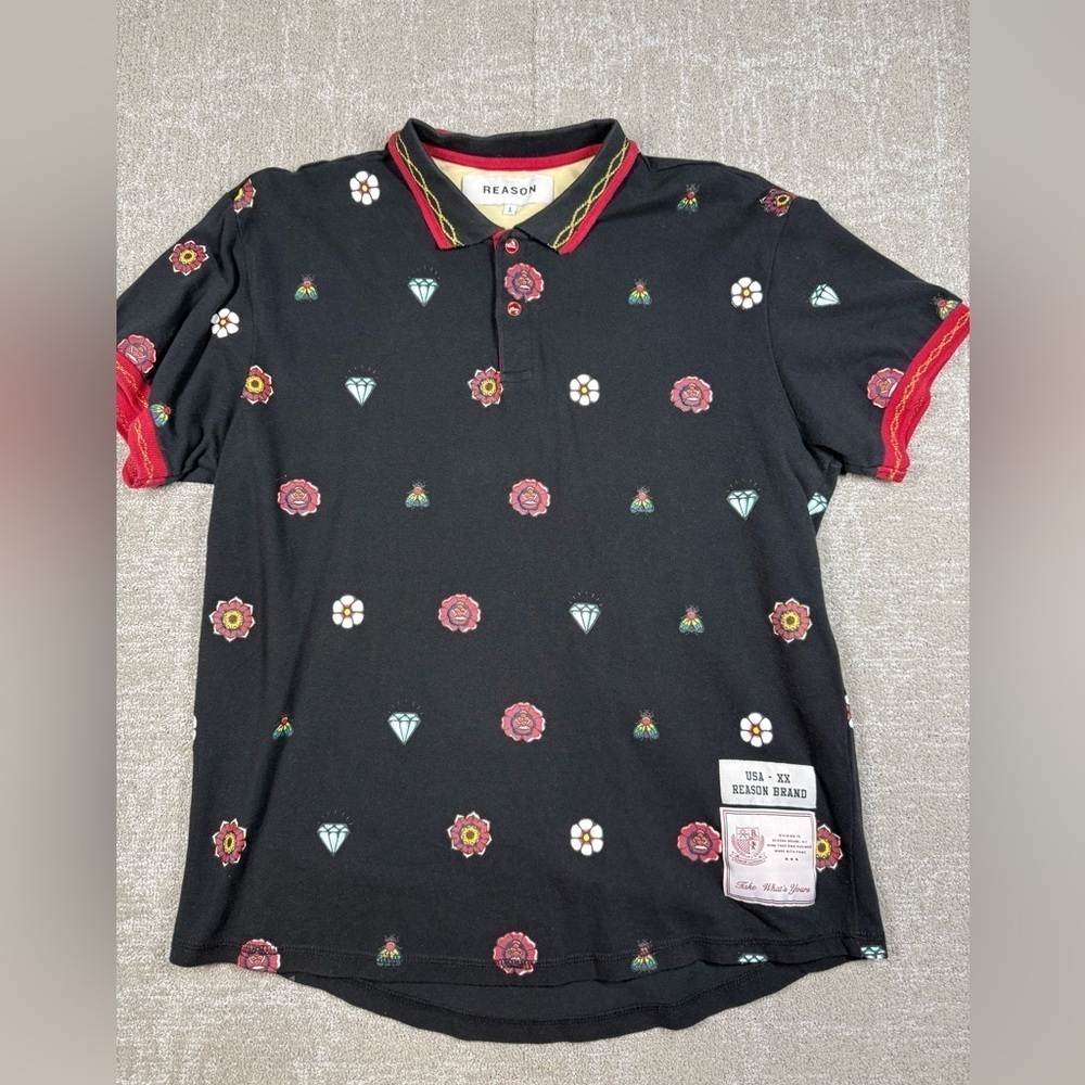 Reason Brand Mens Polo Floral Diamond Fly Polo Short Sleeve Mens Shirt Large
